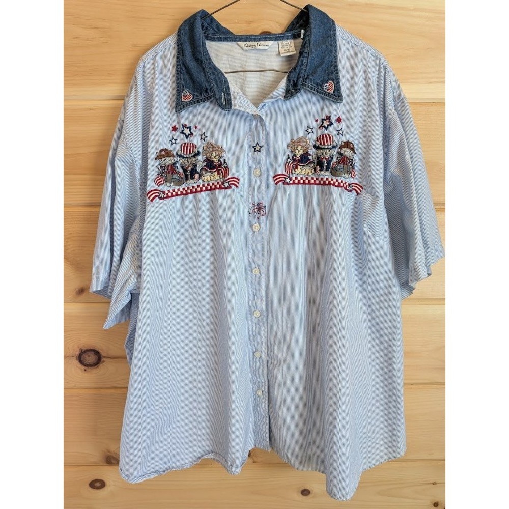 Vintage Quizz Shirt 30/32 Embroidered Cat Kitten Patriotic Americana 4th July
